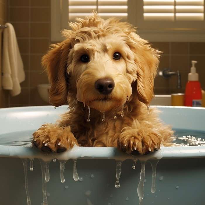 A Goldendoodle in a bathtub.