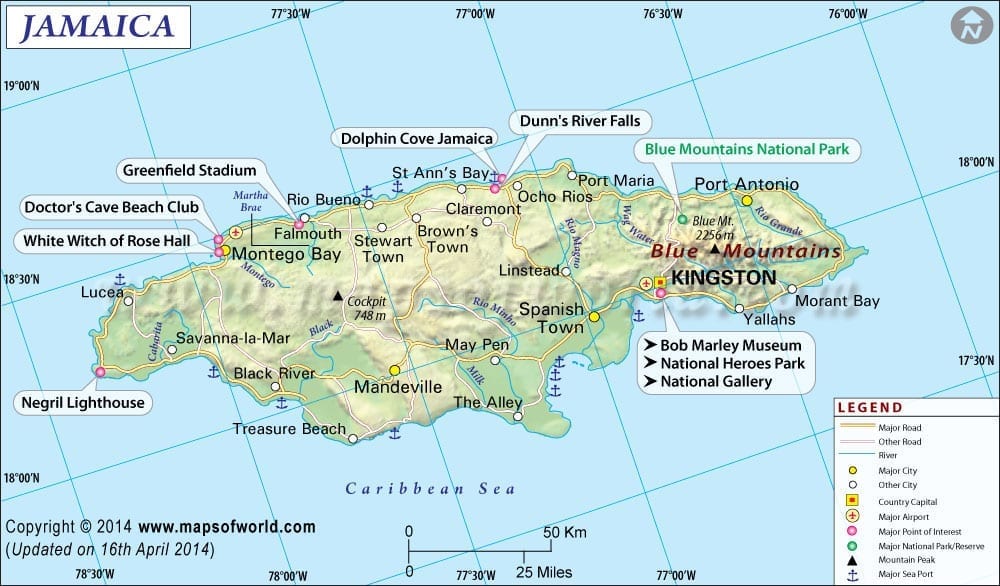 Map of places and activities in Jamaica